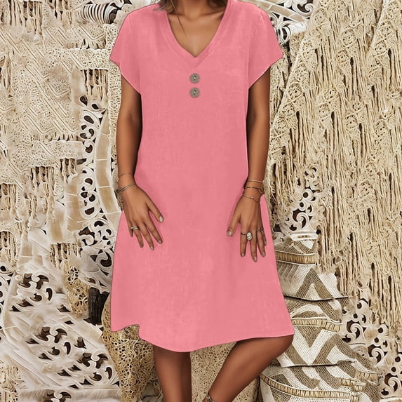 Women's Casual V Neck Button Down Dress For Summer Daily Wear Vacation Outfit Basic Style Comfortable Flowy Loose Fit Summer Dresses for Women under $12 Womens Dresses for Work Midi Dress plus Size