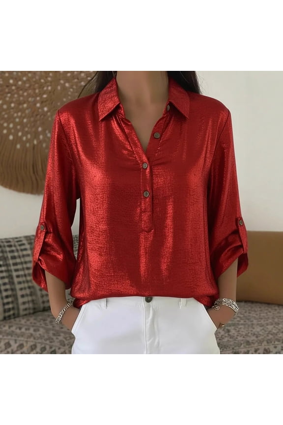 Women's Casual V Neck Button Down Long Sleeve Shirt Top Blouse for Work Office Business Professional Daily Wear Classic Wardrobe Essential Apparel | Ihhxva,Red L