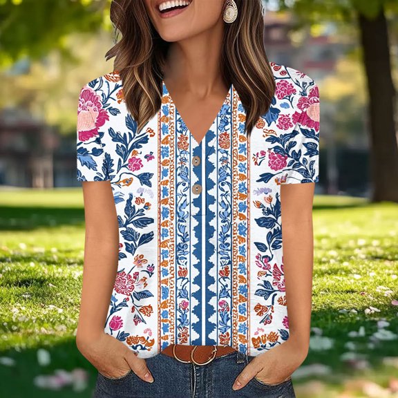 Women's Casual V-Neck Button Printed Short Sleeve Shirt - Fashionable and Comfortable Top for Summer 2025, Loose Fit Blouse, Limited Time Off