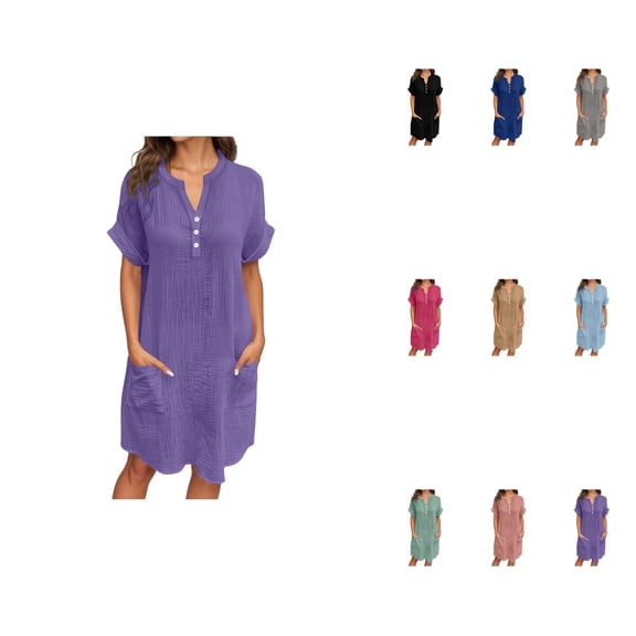 Women's Casual V-Neck Button-Up Dress, Short Sleeve Flowy Summer Beach Vacation Knee-Length Shirt Dress with Pockets, Relaxed Fit Pure Color