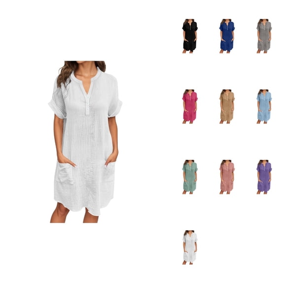 Women's Casual V-Neck Button-Up Dress, Short Sleeve Flowy Summer Beach Vacation Knee-Length Shirt Dress with Pockets, Relaxed Fit Pure Color