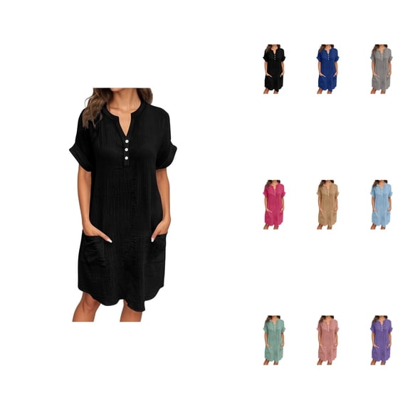 Women's Casual V-Neck Button-Up Dress, Short Sleeve Flowy Summer Beach Vacation Knee-Length Shirt Dress with Pockets, Relaxed Fit Pure Color