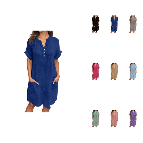 Women's Casual V-Neck Button-Up Dress, Short Sleeve Flowy Summer Beach Vacation Knee-Length Shirt Dress with Pockets, Relaxed Fit Pure Color