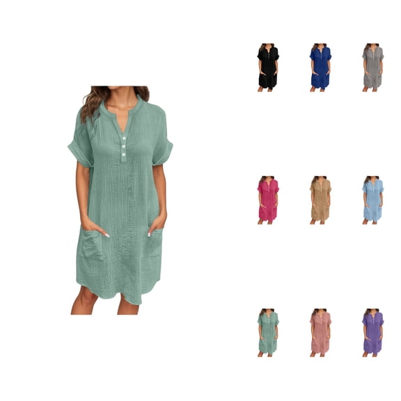 Women's Casual V-Neck Button-Up Dress, Short Sleeve Flowy Summer Beach Vacation Knee-Length Shirt Dress with Pockets, Relaxed Fit Pure Color
