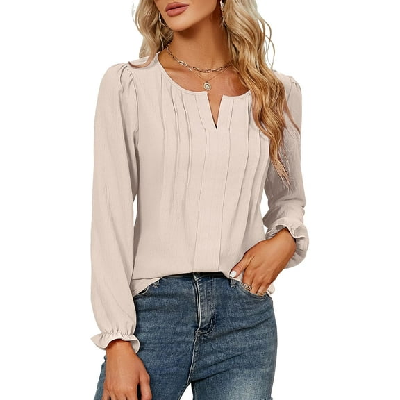 Women's Casual V Neck Chiffon Blouse Long Sleeve Puff Sleeve Ruffle Detail Tops for Spring Fall 2025