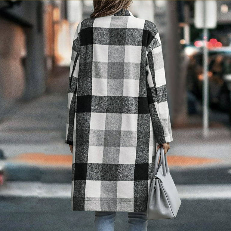 Women s Casual V Neck Coat Slim Fit Outwear Mid Length Solid Color Jacket Button Long Sleeve Plaid Shirt Outdoor Coat Windproof Jacket Walmart