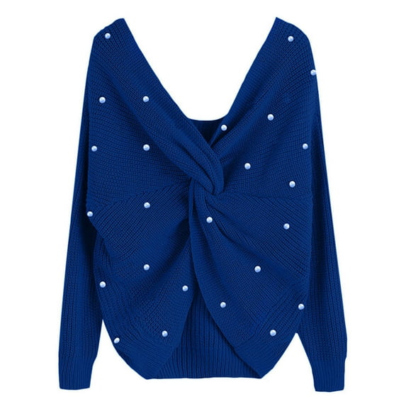 Women's Casual V Neck Crisscross Back Sweaters Fall Trendy Long Sleeve Loose Knitted Pullover Sweater Jumper Tops with Pearls