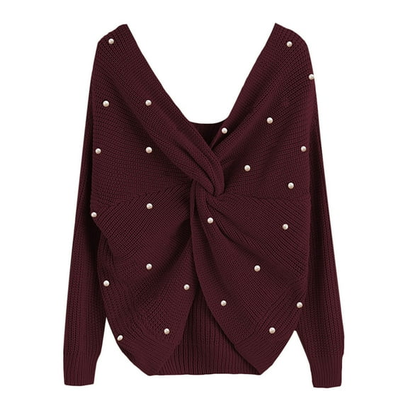 Women's Casual V Neck Crisscross Back Sweaters Fall Trendy Long Sleeve Loose Knitted Pullover Sweater Jumper Tops with Pearls