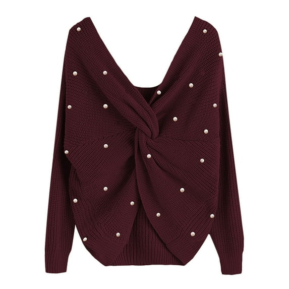 Women's Casual V Neck Crisscross Back Sweaters Fall Trendy Long Sleeve Loose Knitted Pullover Sweater Jumper Tops with Pearls