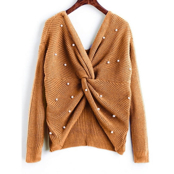 Women's Casual V Neck Crisscross Back Sweaters Fall Trendy Long Sleeve Loose Knitted Pullover Sweater Jumper Tops with Pearls