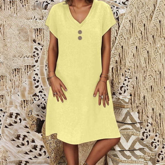 Women's Casual V Neck Dress Summer Daily Wear Button Front Flowy Midi Dress with Pockets Comfortable Breathable Fabric
