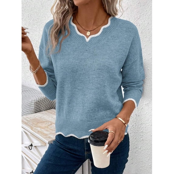 Women's Casual V-Neck Dropped Shoulder Long Sleeve Sweater, Autumn,Fall,Cozy Fall And Winter