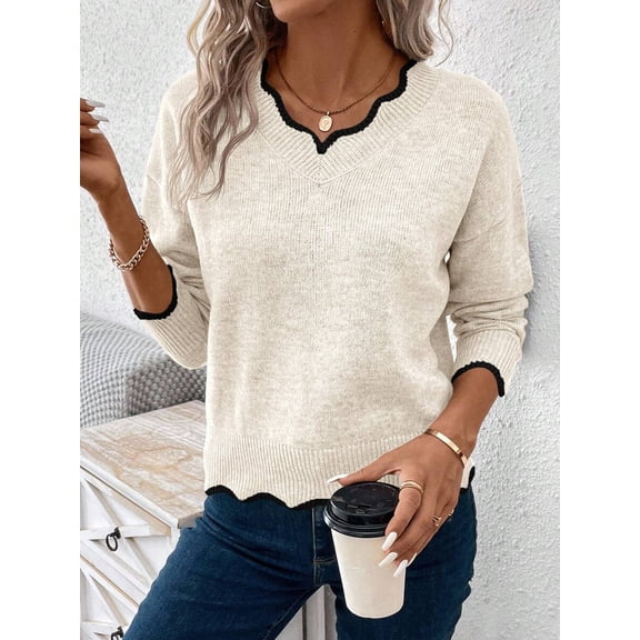 Women's Casual V-Neck Dropped Shoulder Long Sleeve Sweater, Autumn,Fall,Cozy Fall And Winter