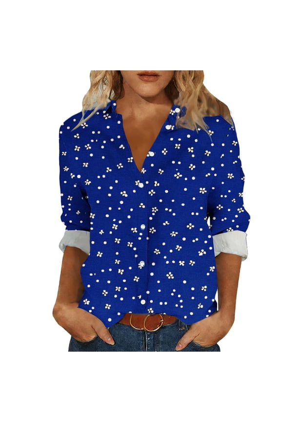 Women's Casual V Neck Floral Print Roll Up Long Sleeve Button Down Blouses Bohemian Top Shirts