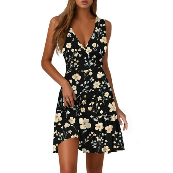 Women's Casual V-Neck Floral Print Sleeveless Midi Dress Lightweight Chiffon Summer Boho Dress with Side Slits and Elastic Waist for Beach Vacations,Black M