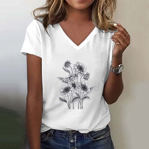 Women's Casual V Neck Floral Print Top Short Sleeve T Shirt