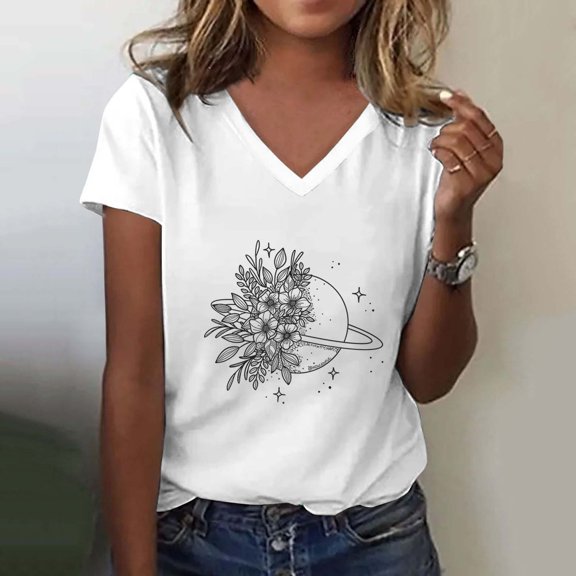 Women's Casual V Neck Floral Print Top Short Sleeve T Shirt