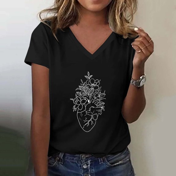 Women's Casual V Neck Floral Print Top Short Sleeve T Shirt