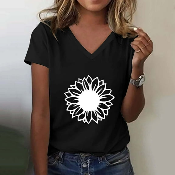 Women's Casual V Neck Floral Print Top Short Sleeve T Shirt