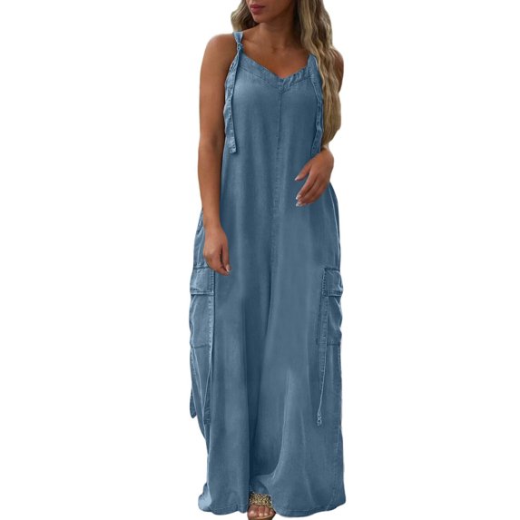 Women's Casual V-Neck Jumpsuit with Side Pockets, Loose Fit Solid Color Utility Romper, Summer Streetwear Overalls with Adjustable Belt,Blue XL