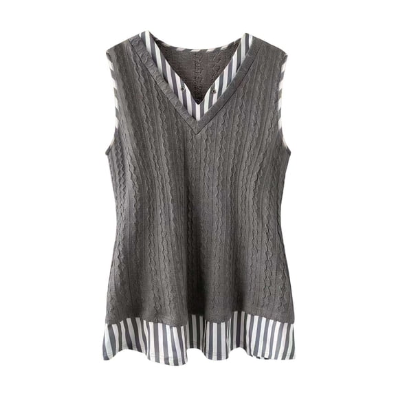 Women's Casual V-Neck Knit Blouse Striped Trim Sleeveless Layered Tank Top Two Tone Pullover Top Perfect for Daily and Weekend Outings
