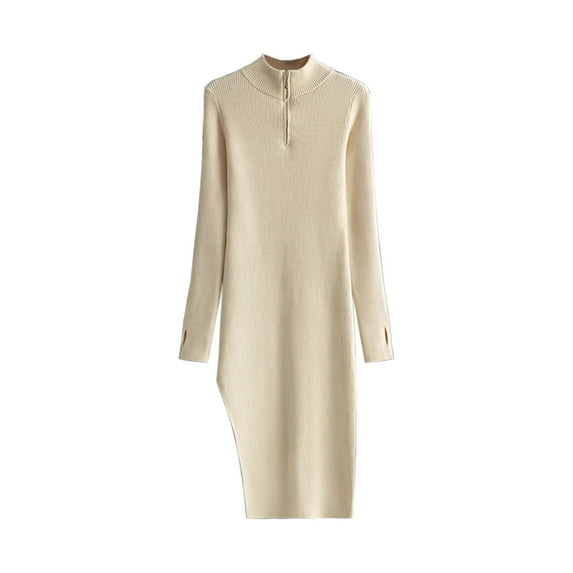 ZQUUVOU Women's Casual V Neck Knit Mini Fall Sweater Dresses Long Sleeve Loose Fit Solid Color Ribbed Pullover Jumper Sweaters Beige