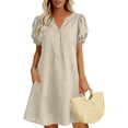 thumbnail image 1 of Women's Casual V-Neck Linen Short Sleeve Dress with Pockets, 1 of 5