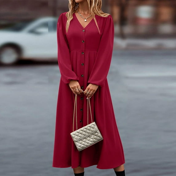 Women's Casual V Neck Long Shirt Dress Elegant Solid Color Long Sleeve Button High Waist Slim Fit Office Dresses 06-Hot Pink XXXXXL