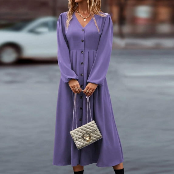 Women's Casual V Neck Long Shirt Dress Elegant Solid Color Long Sleeve Button High Waist Slim Fit Office Dresses 10-Purple XXXXXL