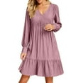 thumbnail image 1 of Women's Casual V Neck Long Sleeve Dress Elegant Solid Color Flowy Spring Summer Daily Outfit Comfortable Loose Fit Outdoor Wear, 1 of 2