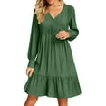 thumbnail image 1 of Women's Casual V Neck Long Sleeve Dress Elegant Solid Color Flowy Spring Summer Daily Outfit Comfortable Loose Fit Outdoor Wear, 1 of 2