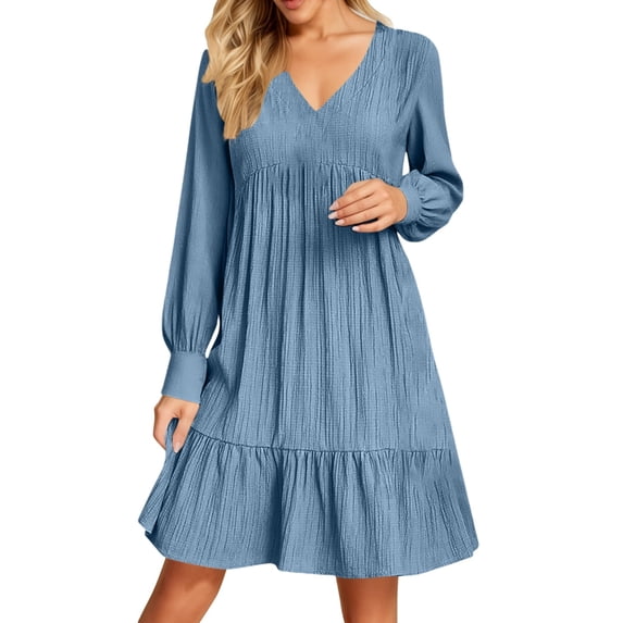 Women's Casual V Neck Long Sleeve Dress Elegant Solid Color Flowy Spring Summer Daily Outfit Comfortable Loose Fit Outdoor Wear