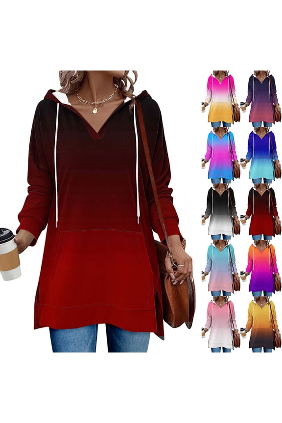 Women's Casual V Neck Long Sleeve Hooded Blouse Top Shirt with Pocket Drawing Print for Work Office Daily Wear Trendy Fashion Apparel | Ihhxva,Black L