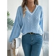 thumbnail image 1 of Women's Casual V-Neck Long Sleeve Sweater Fashion Striped Pullover Cable Knit Preppy Sweater, 1 of 5