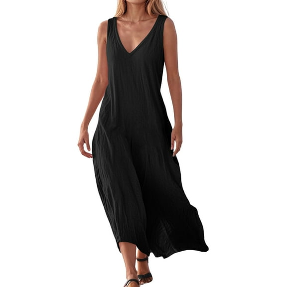 Women's Casual V-Neck Maxi Dress Solid Color Long Dress Sleeveless Tiered Loose Beach Sun Dresses 2025 Summer