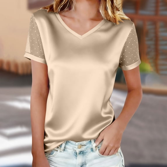 Women's Casual V-Neck Mesh Rhinestone Short Sleeve Top Solid Color Blouse