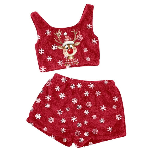Women's Festive Print Pajama Set Soft Tank Top with Shorts Cozy Sleepwear Loungewear Outfit