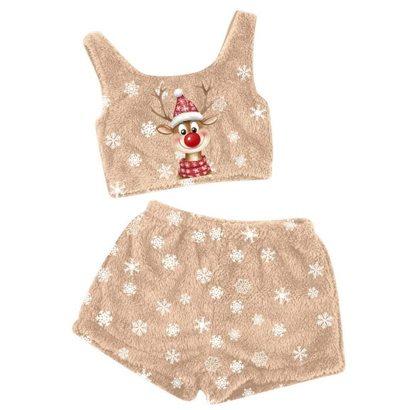 Women's Festive Print Pajama Set Soft Tank Top with Shorts Cozy Sleepwear Loungewear Outfit