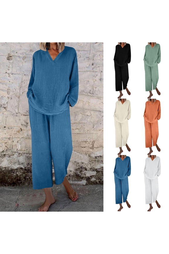 Women's Casual V-Neck Pullover Long Sleeve Shirt And Pocket Long Pants Set, Lounge Outfit Two Piece Set, Comfy Loungewear Pajamas, Relaxing Homewear, Mother's Day Gifts | CSEONE,Beige L