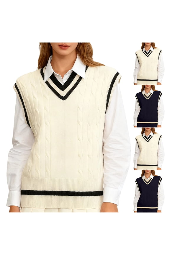 Women's Casual V-Neck Pullover Shirt Collision Color Sleeveless Sweater Vest for Fall Winter Preppy Looks,Beige,L