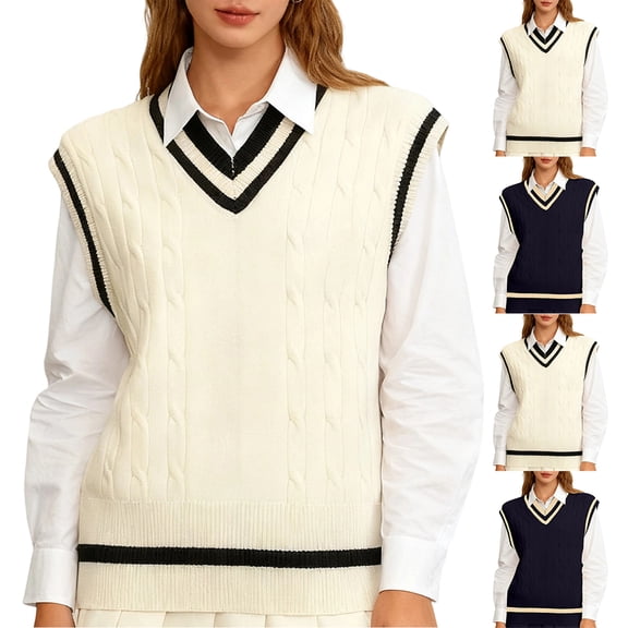 Women's Casual V-Neck Pullover Shirt Collision Color Sleeveless Sweater Vest for Fall Winter Preppy Looks,Beige,M