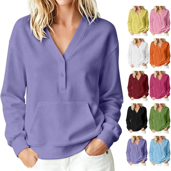Women's Casual V-Neck Pullover Sweatshirt with Buttons Front Pocket Comfortable Long Sleeve Top for Lounge & Daily Wear
