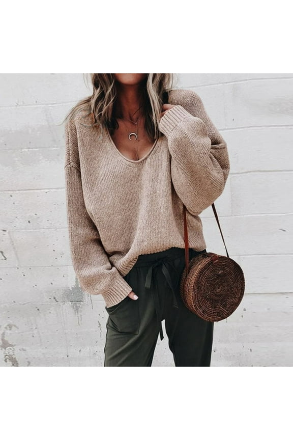 Women's Casual V Neck Ribbed Knit Shirts Oversized Casual Loose Slouchy Scoop V Neck Batwing Long Sleeve Knit 2024 Fall Pullover Sweaters
