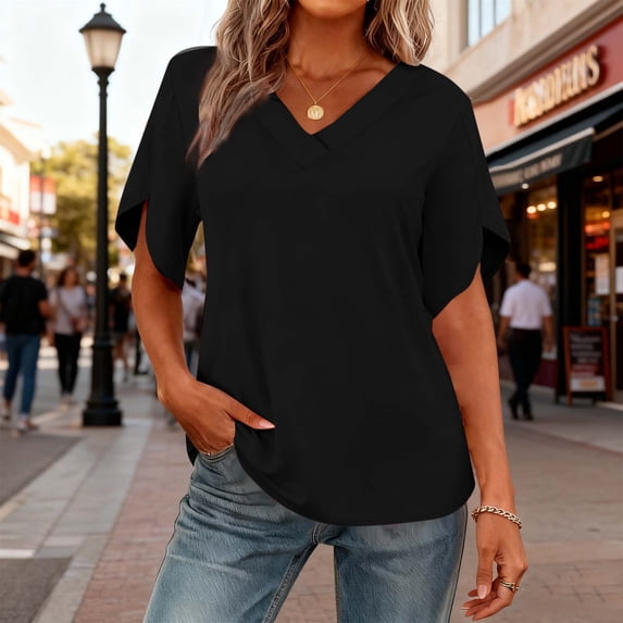 Women's Casual V-Neck Ruffle Short Sleeve T-Shirt Top, Solid Color Polyester Blouse for Daily Wear