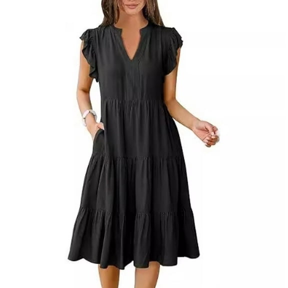 Women's Casual V Neck Ruffle Sleeve Midi Dress Tiered Flowy Pocket Loose Fit Summer Beach Vacation Sundress