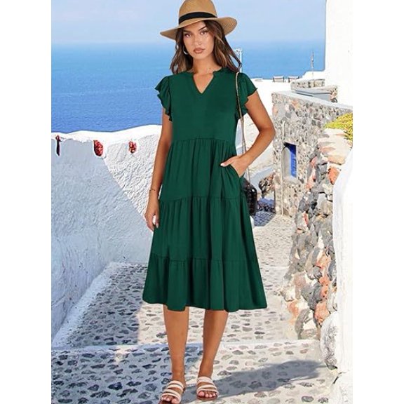 Women's Casual V Neck Ruffle Sleeve Midi Dress Tiered Flowy Pocket Loose Fit Summer Beach Vacation Sundress