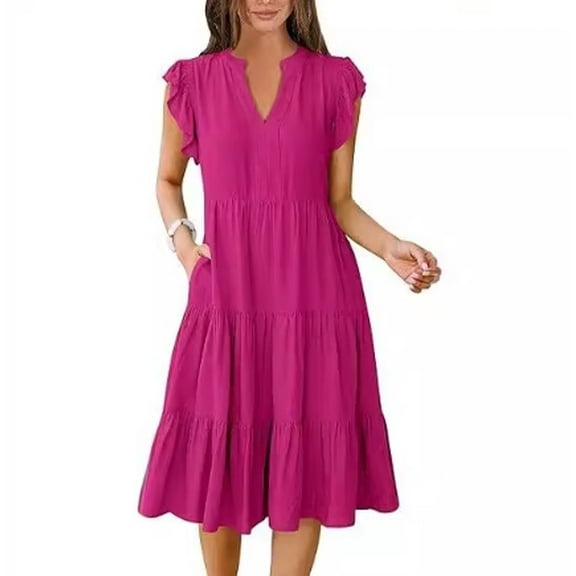 Women's Casual V Neck Ruffle Sleeve Midi Dress Tiered Flowy Pocket Loose Fit Summer Beach Vacation Sundress