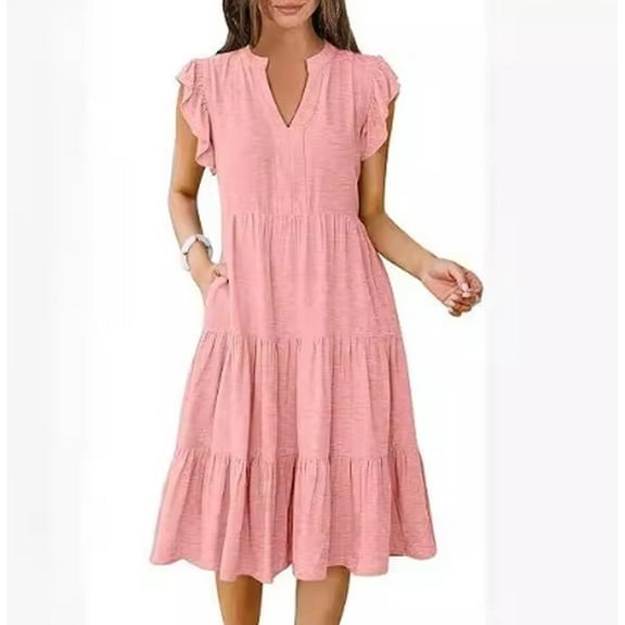 Women's Casual V Neck Ruffle Sleeve Midi Dress Tiered Flowy Pocket Loose Fit Summer Beach Vacation Sundress