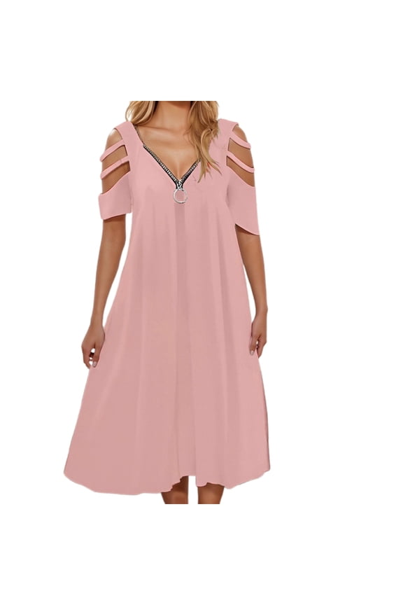 Women's Casual V Neck Sexy Dress Sleeve Hollow Out Zipper Wear Daily Date Outfit Spring Fall Fashion