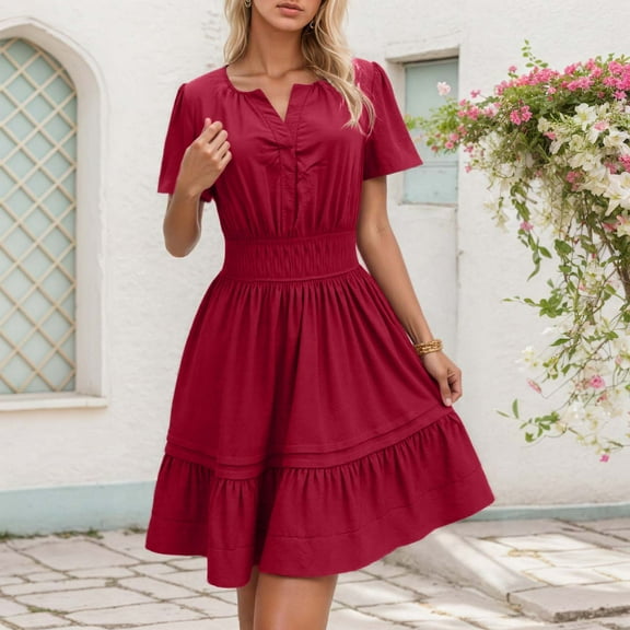 Women's Casual V Neck Short Dress Flowy A-Line Summer Boho Beach Elegant High Waist Tiered Ruffle Sleeve